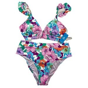 Cupshe Floral Bikini Set XL High‎ Waist Bottom Ruffle Cap Sleeve V-Neck NWT